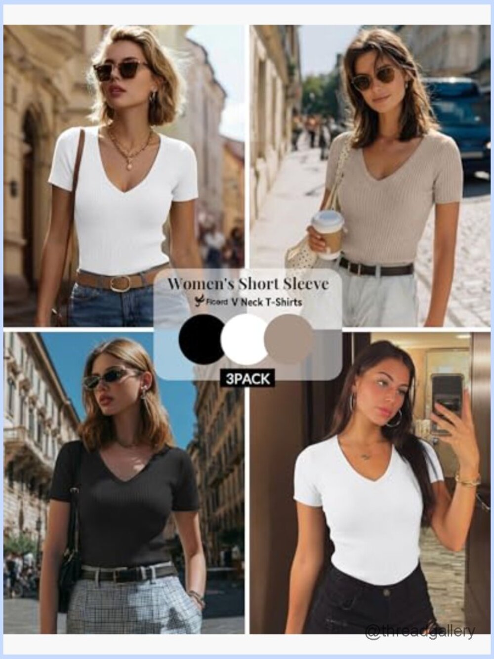 3 Pack Women's Short Sleeve V Neck Ribbed Slim Fit Cotton T-Shirts - Picture 2 of 7